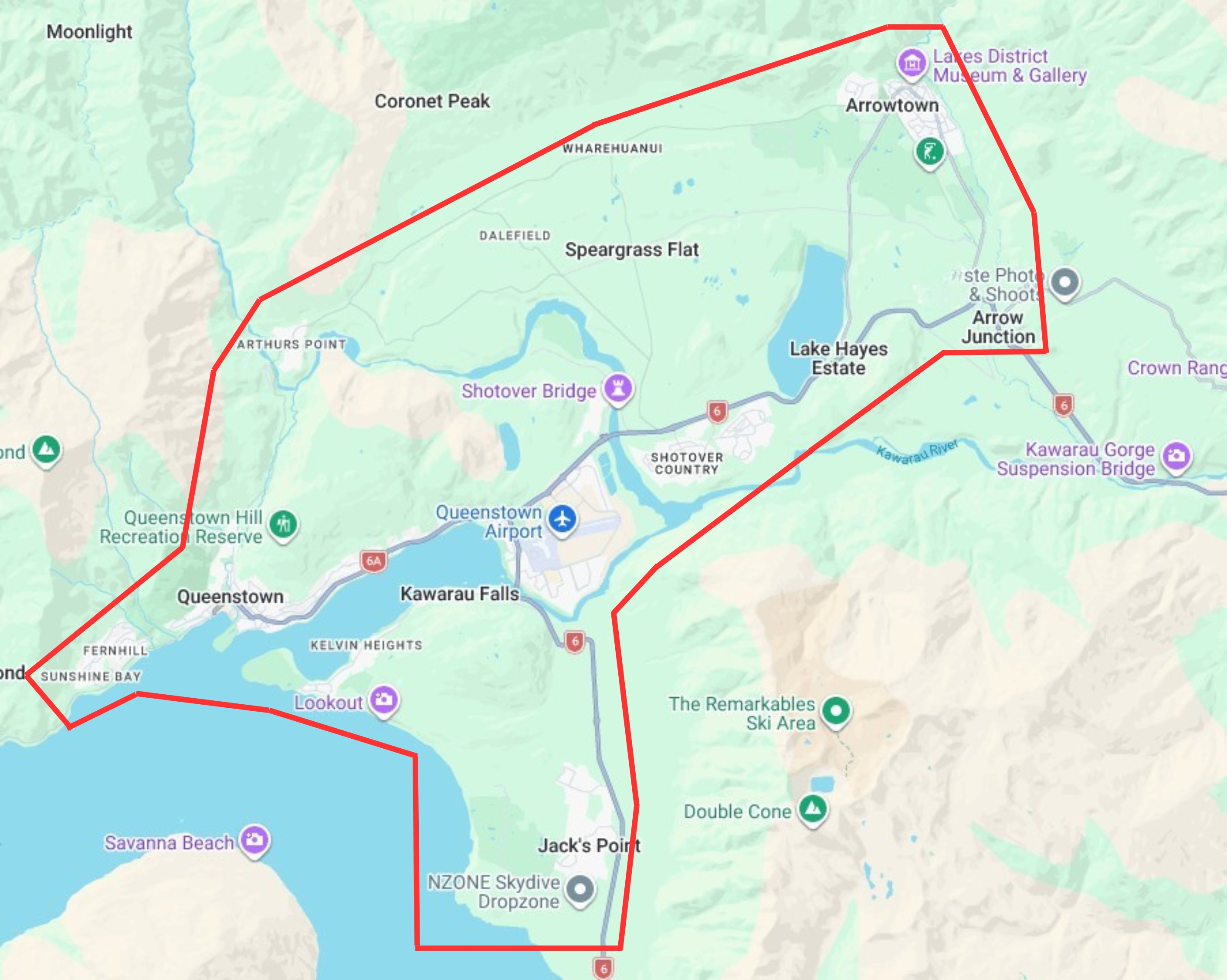 QTSki service area map - Queenstown region